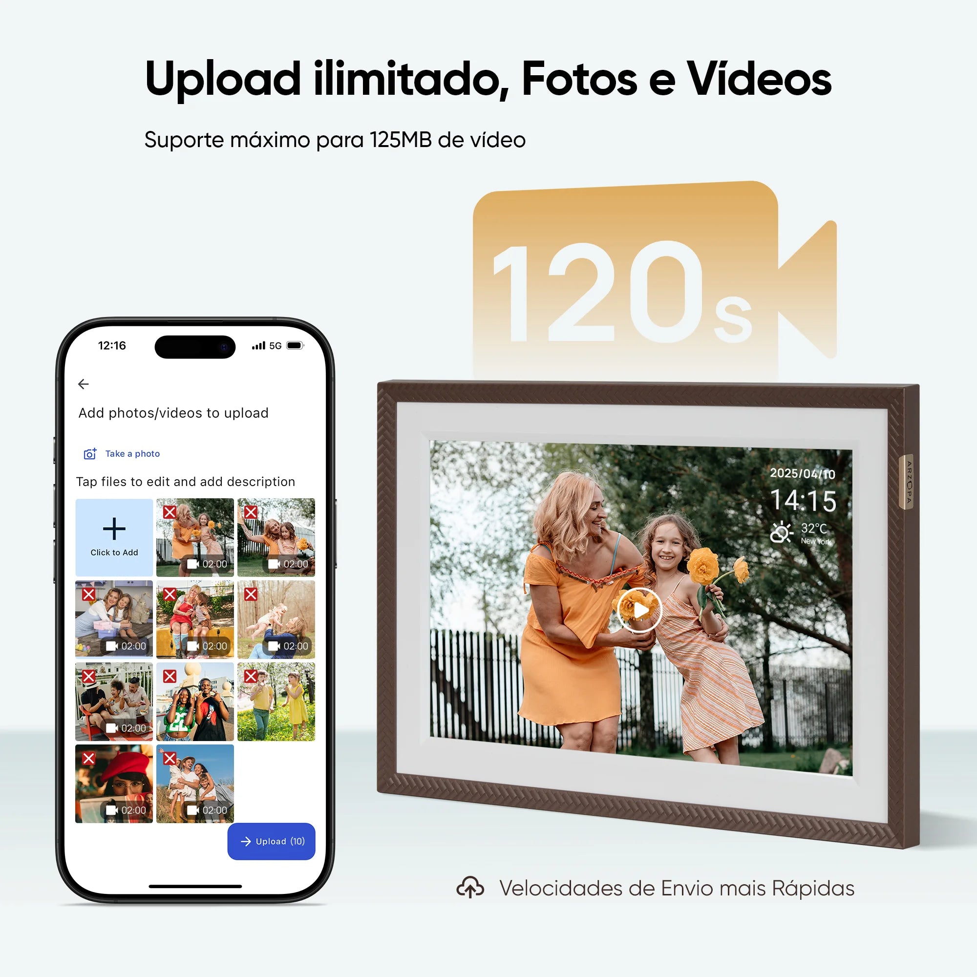 Porta-Retrato Digital WiFi ARZOPA D10 com tela touch IPS e app Frameo
