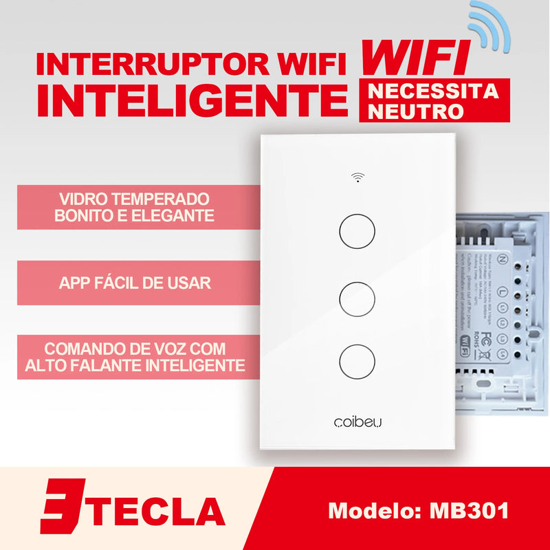 Interruptor Wi-Fi Touch Opção SEM Fio Neutro e até 4 Canais, Elegante e Integrado com Alexa ou Google Home