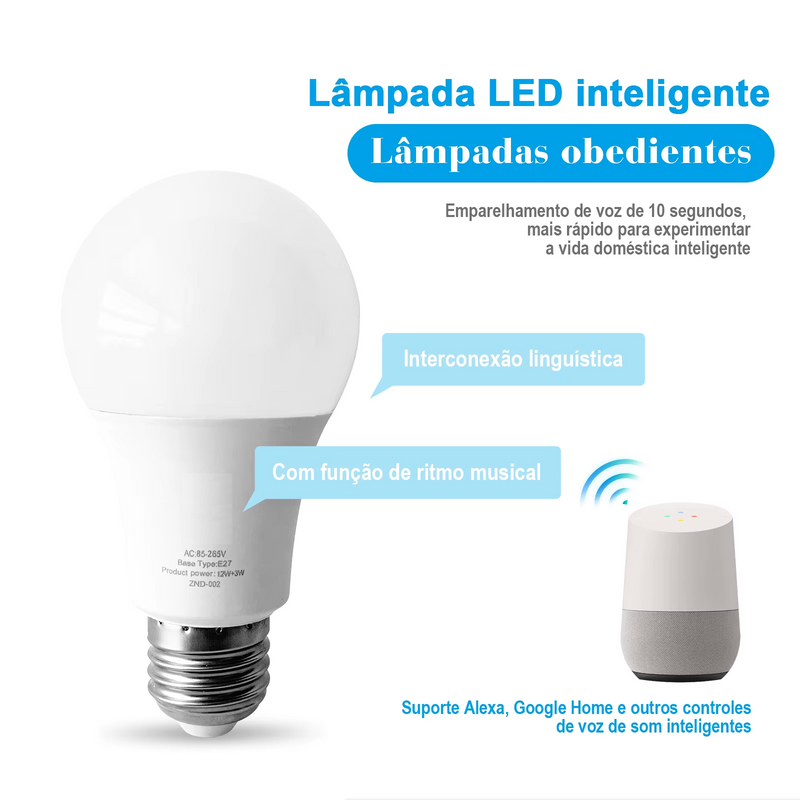 Lâmpada Inteligente Bluetooth 15W (110v e 220v), RGB 16 Milhões de Cores, Integrada com Alexa e Google Home