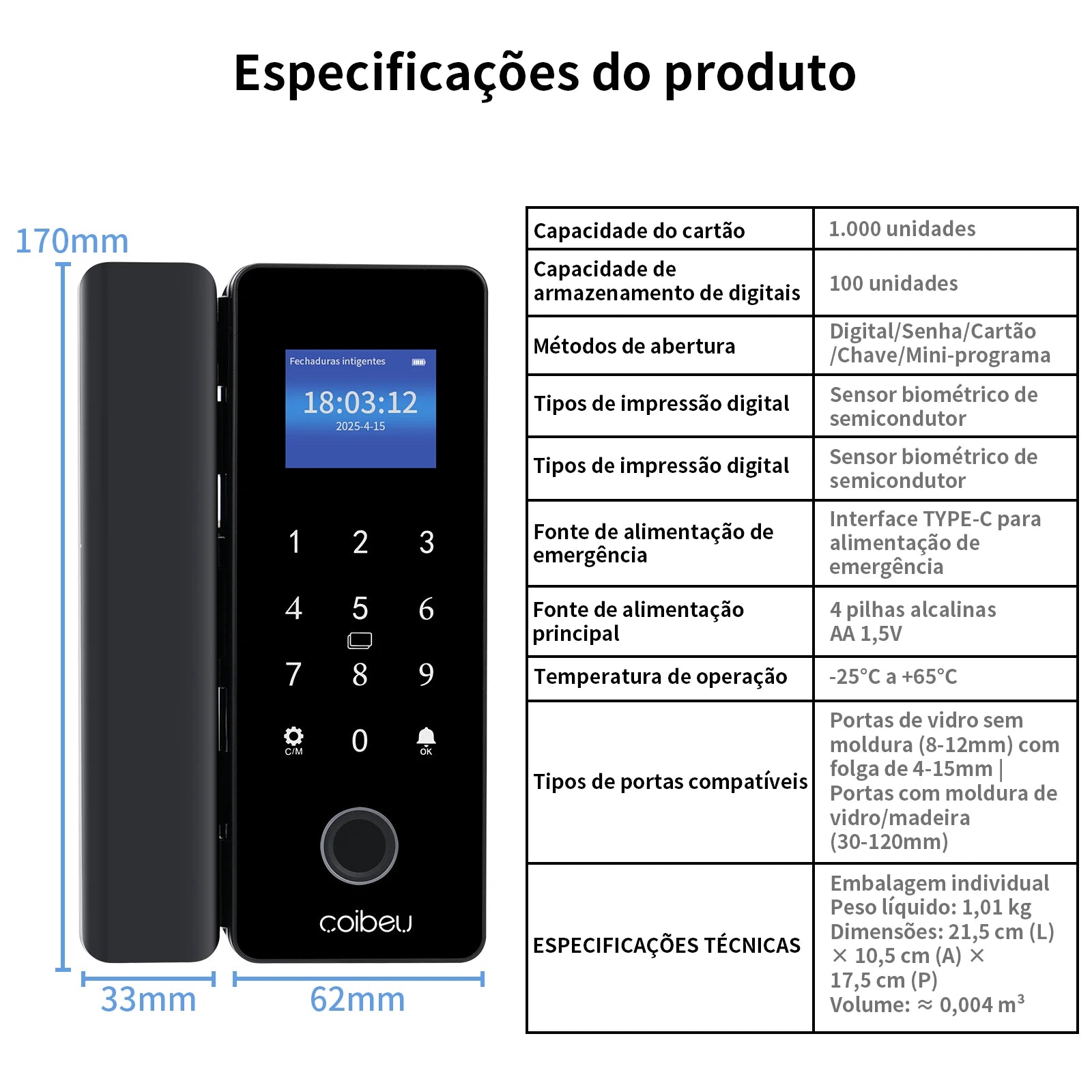 Fechadura Digital COIBEU WKZW-B6 para porta de vidro WiFi Tuya, sem furos