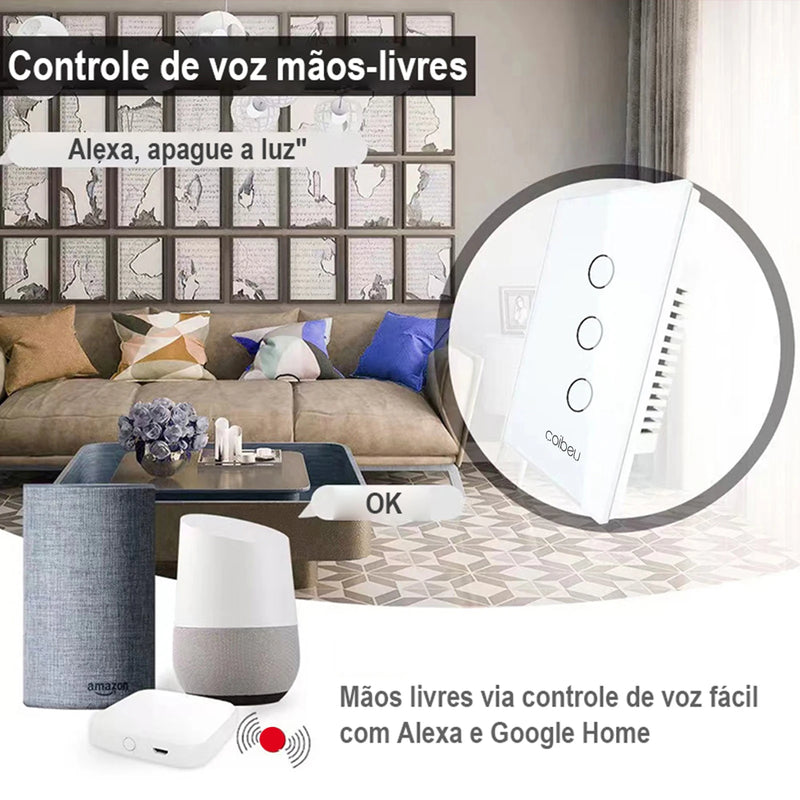Interruptor Wi-Fi Touch Opção SEM Fio Neutro e até 4 Canais, Elegante e Integrado com Alexa ou Google Home