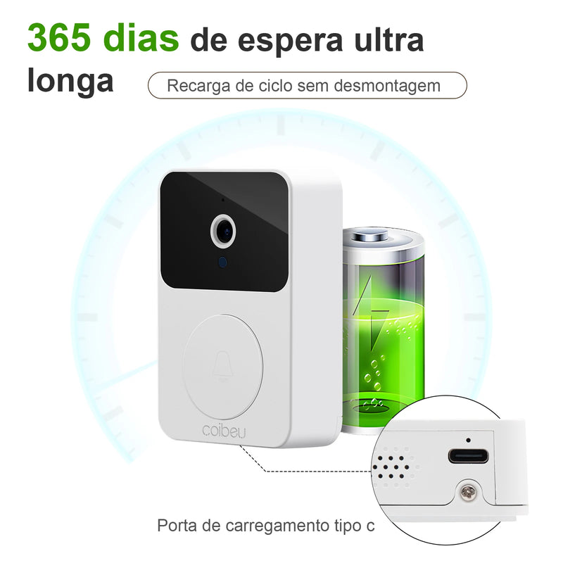 Campainha Vídeo Inteligente WiFi, HD, Funciona a Bateria, com Visão Noturna, Detecção de Movimento e Alarme