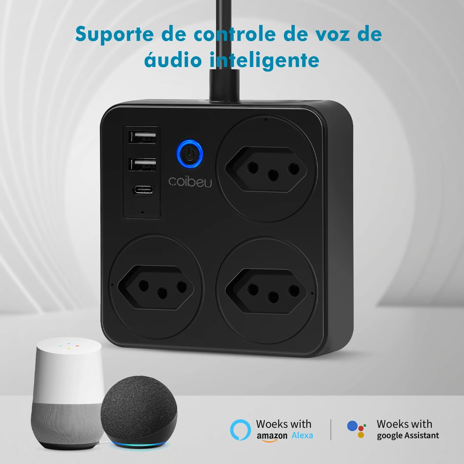 Vista lateral da extensão inteligente COIBEU com cabo de 2 metros
