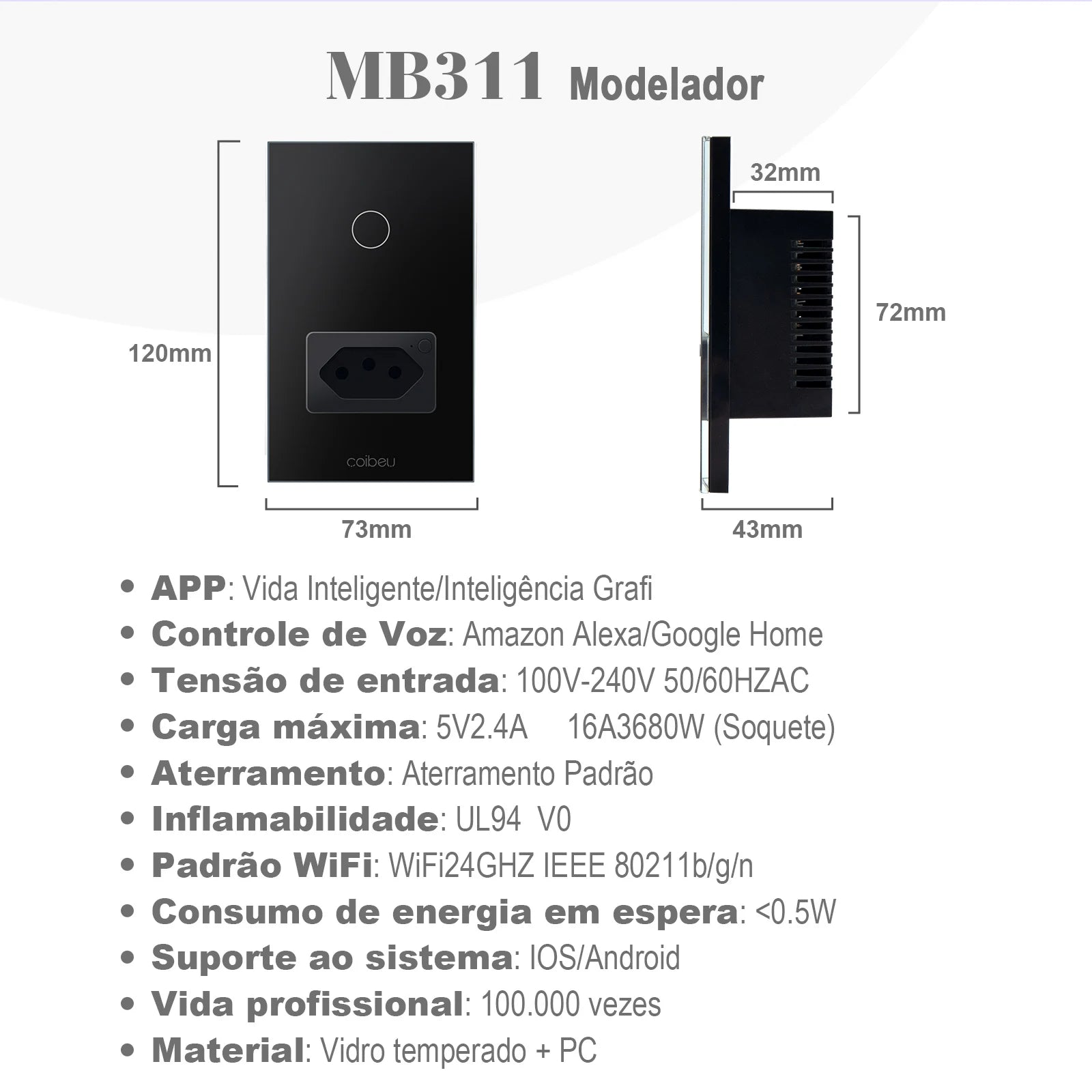 Interruptor Wi-Fi Touch com Tomada Integrada até 3 Canais, Elegante e Integrado com Alexa ou Google Home