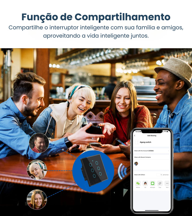 Interruptor Inteligente Wi-Fi 4x4 Tuya Smart Opção com 8 Canais, com Touch Integrado com Alexa e Google Home