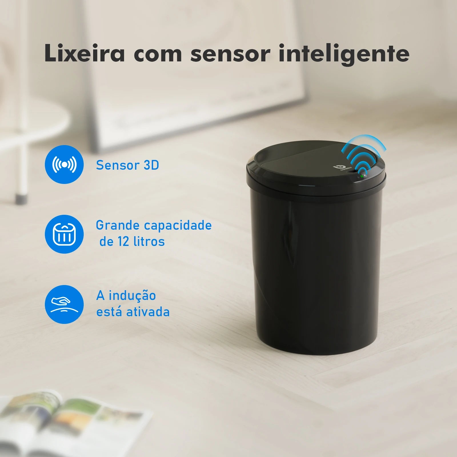 Lixeira inteligente COIBEU preta 12L vista frontal com sensor infravermelho