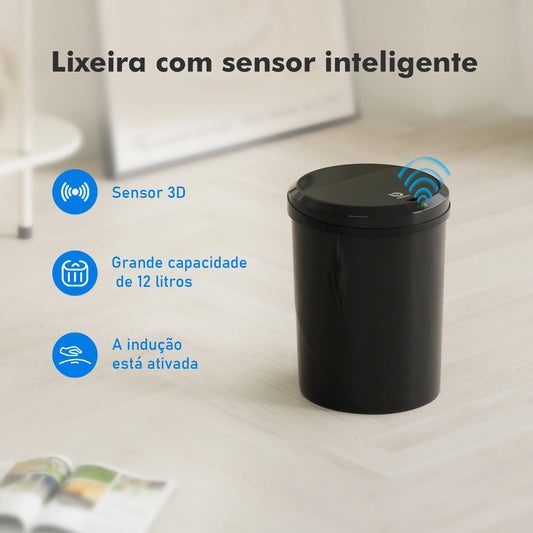 Lixeira inteligente COIBEU preta 12L vista frontal com sensor infravermelho