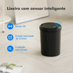 Lixeira inteligente COIBEU preta 12L vista frontal com sensor infravermelho