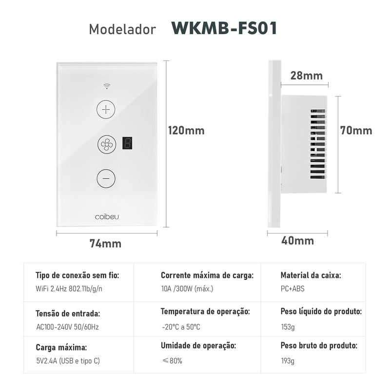 Interruptor Inteligente Tuya Wi-Fi Multifuncional e Ventilador Integrado Alexa e Google Home