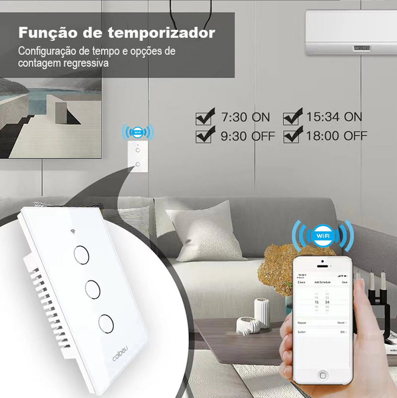 Interruptor Wi-Fi Touch Opção SEM Fio Neutro e até 4 Canais, Elegante e Integrado com Alexa ou Google Home