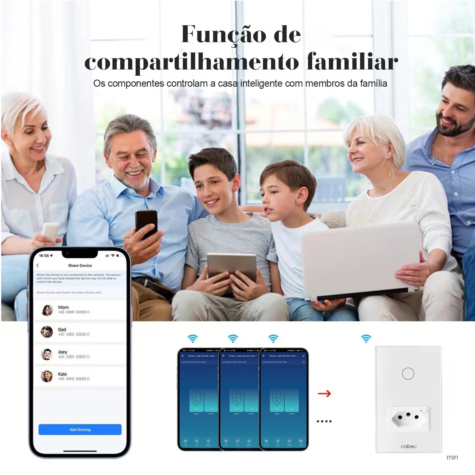 Interruptor Wi-Fi Touch com Tomada Integrada até 3 Canais, Elegante e Integrado com Alexa ou Google Home