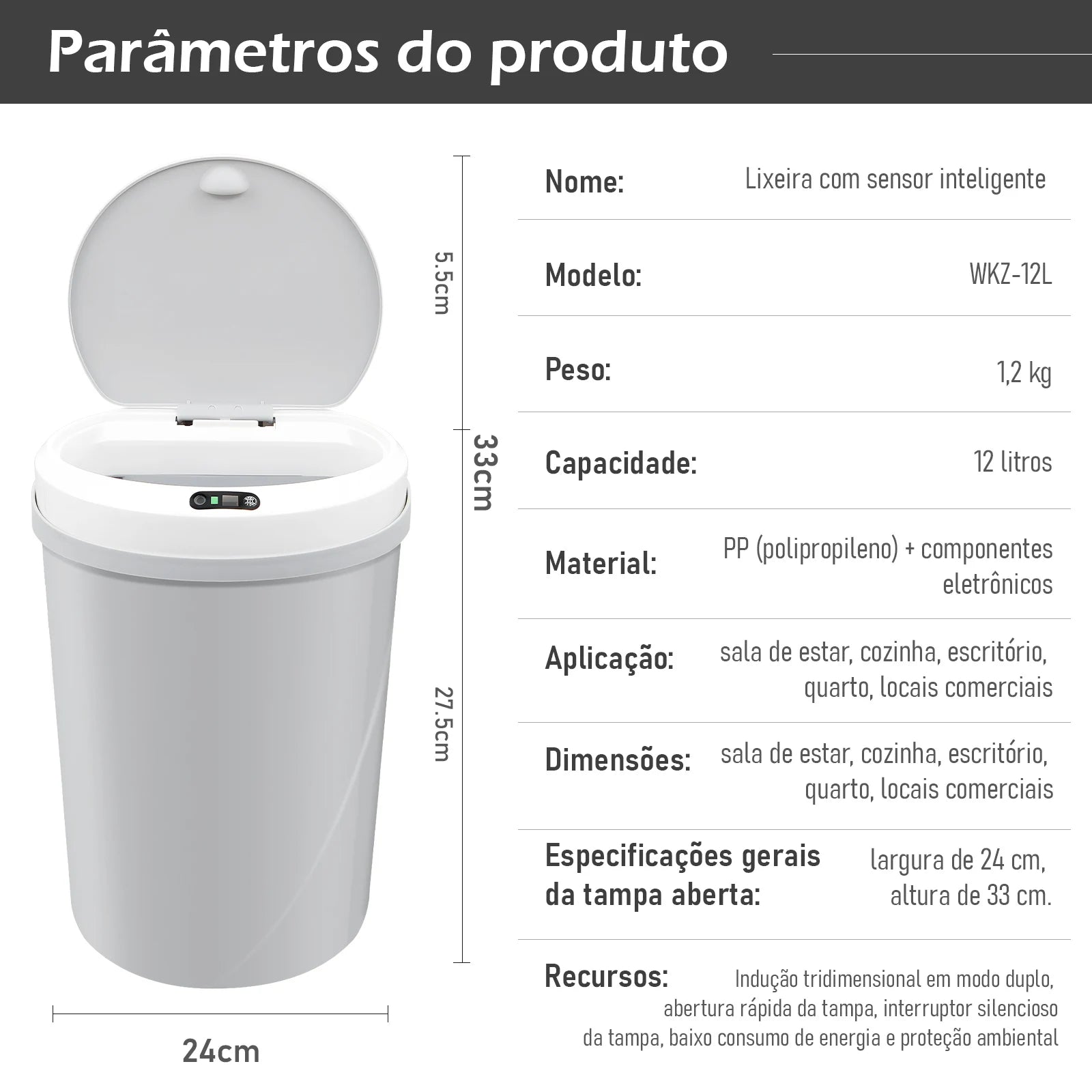 Lixeira Inteligente Abertura e Fechamento Automática com Sensor 3D - A Higiene e a Tecnologia ao seu alcance!